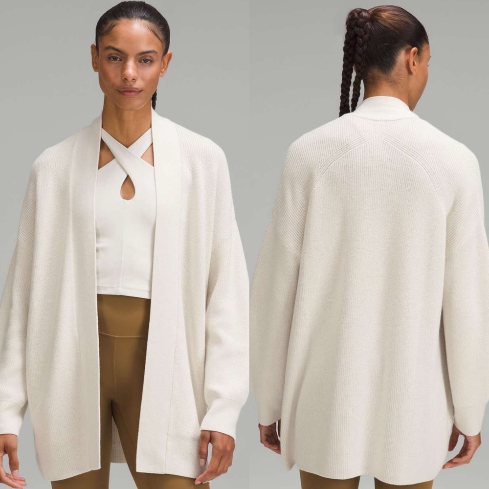 Lululemon Merino Wool Ribbed Long Wrap Sweater Bone Neutral Size 2 Oversized Fit